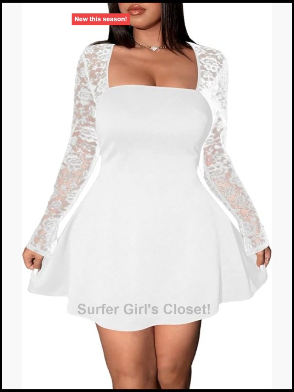 Plus Size Lace Sheer Long Sleeve Square Neck Mini Dress